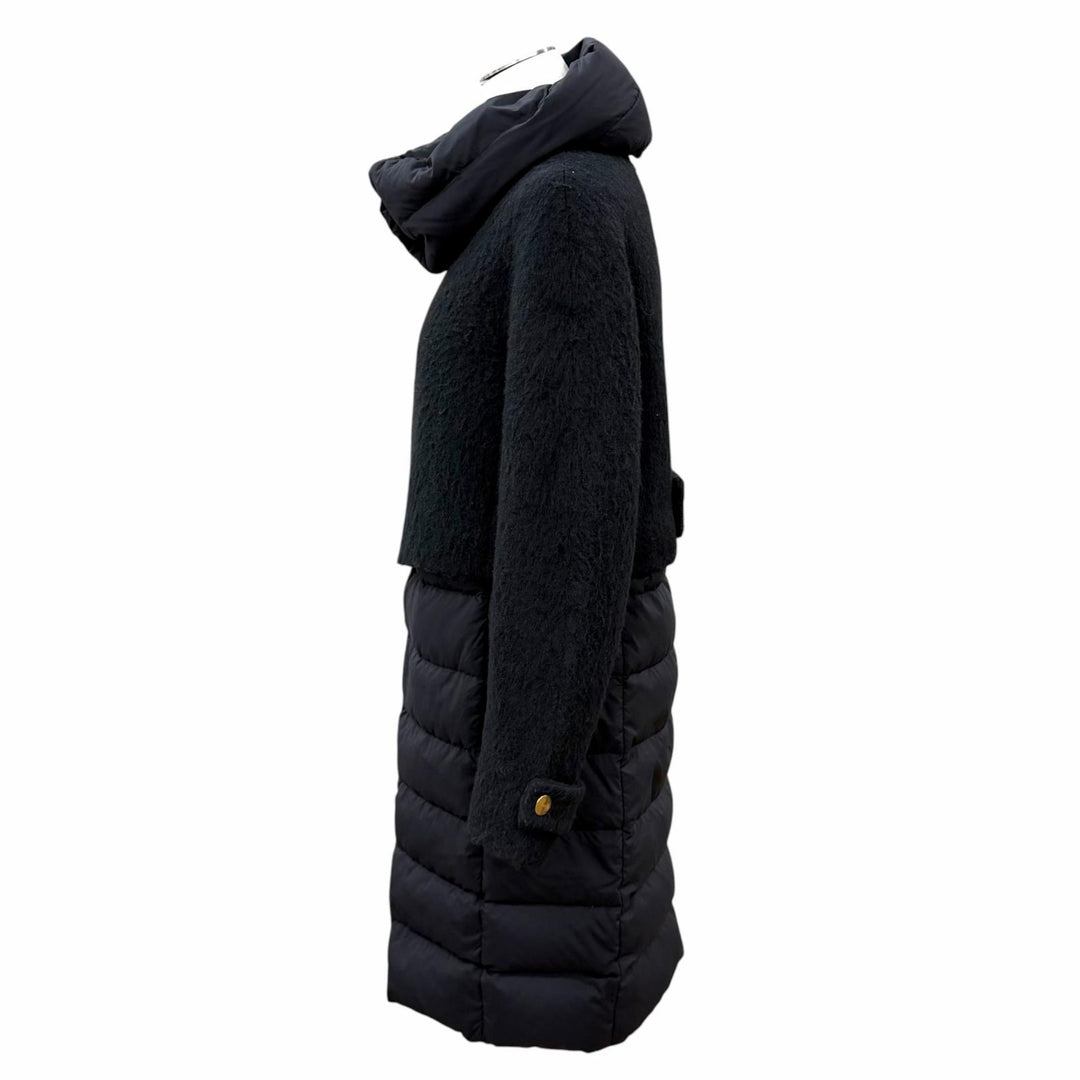 美品★Herno ヘルノ CA0275D バージンウール モヘア混 スヌード付 切替デザイン ZIP UP ノーカラー ダウンコート ブラック IT 40 正規品
