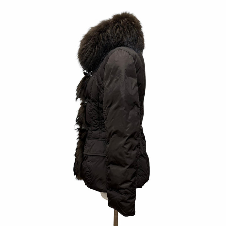 極美品◇MONCLER モンクレール GRILLON 滝沢眞規子着 レザー使い トグルボタン ラクーンファー付 ダウンジャケット 茶 0 レディース