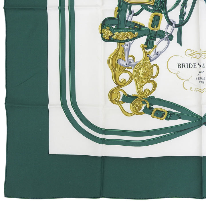 極美品▲HERMES エルメス カレ90 BRIDES de GALA 式典用馬勒 シルク100％ スカーフ グリーン マルチ フランス製 レディース