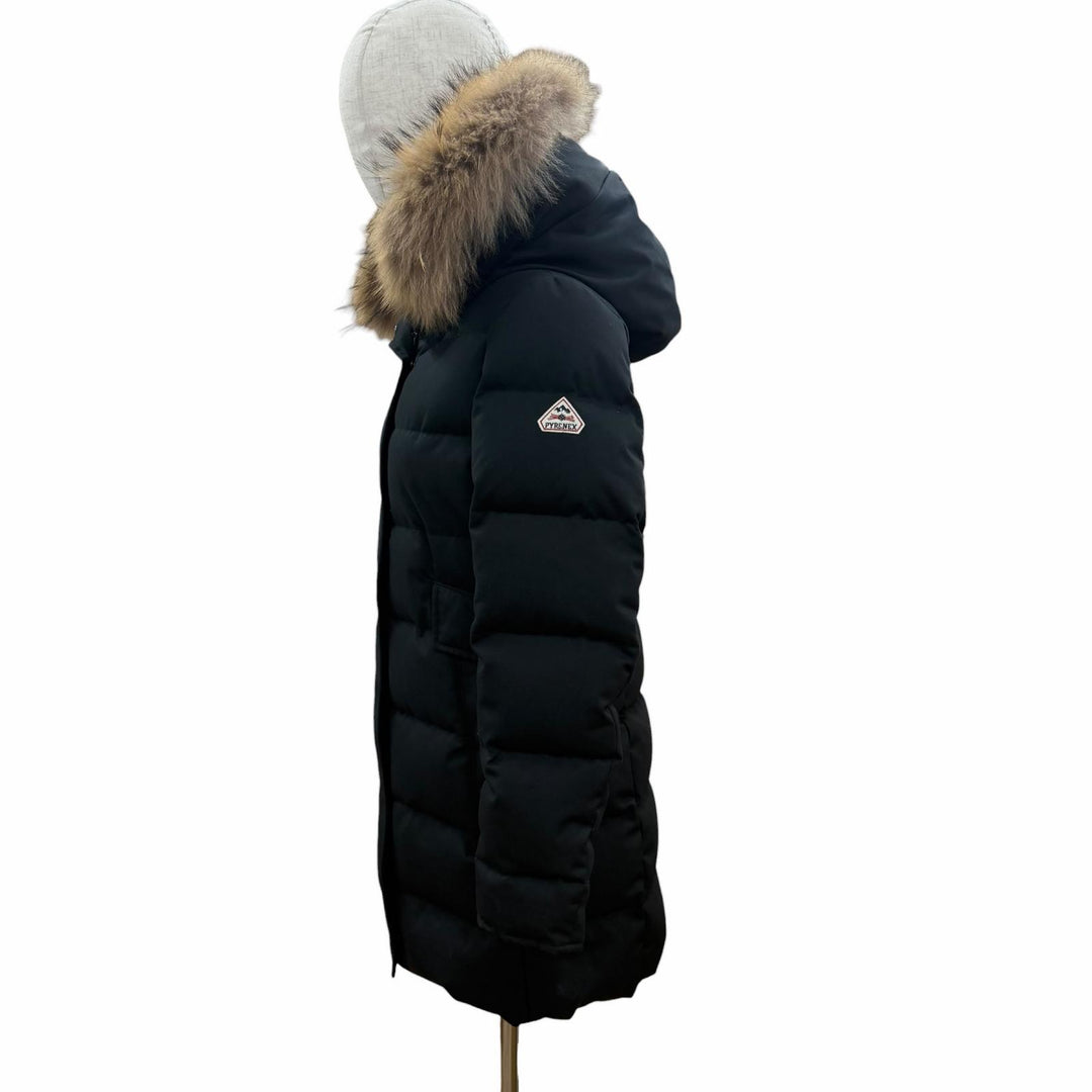 美品◇Pyrenex ピレネックス GRENOBLE FUR ロゴワッペン ラクーンファー フード付き ダウンジャケット ブラック 36 正規品 レディース