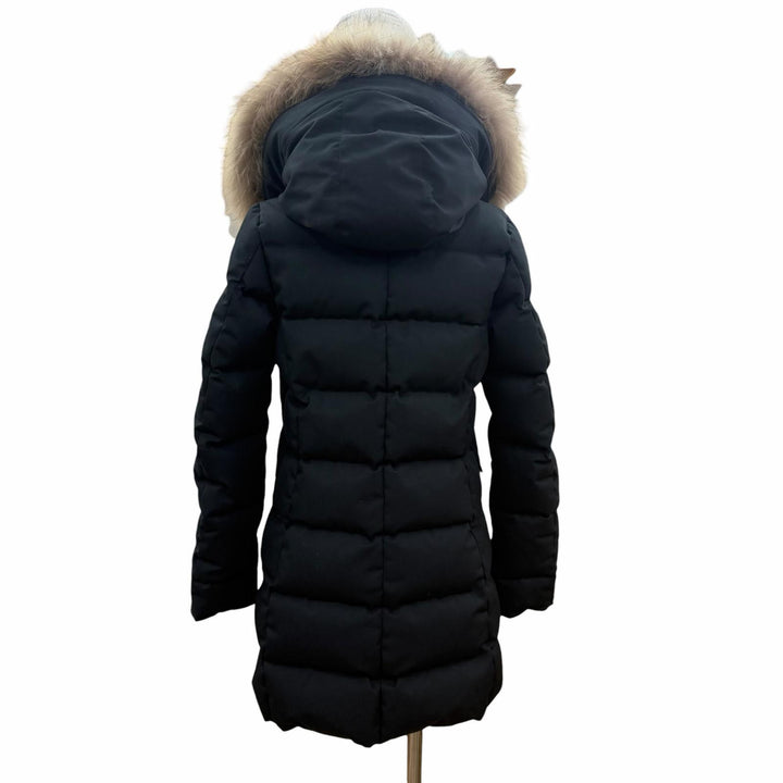 美品◇Pyrenex ピレネックス GRENOBLE FUR ロゴワッペン ラクーンファー フード付き ダウンジャケット ブラック 36 正規品 レディース