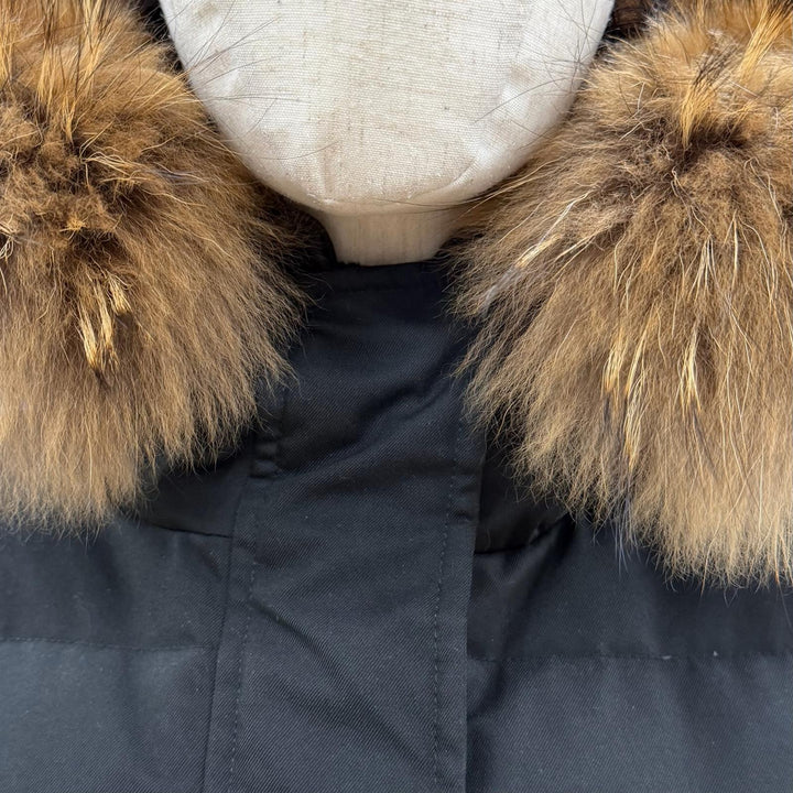 美品◇Pyrenex ピレネックス GRENOBLE FUR ロゴワッペン ラクーンファー フード付き ダウンジャケット ブラック 36 正規品 レディース