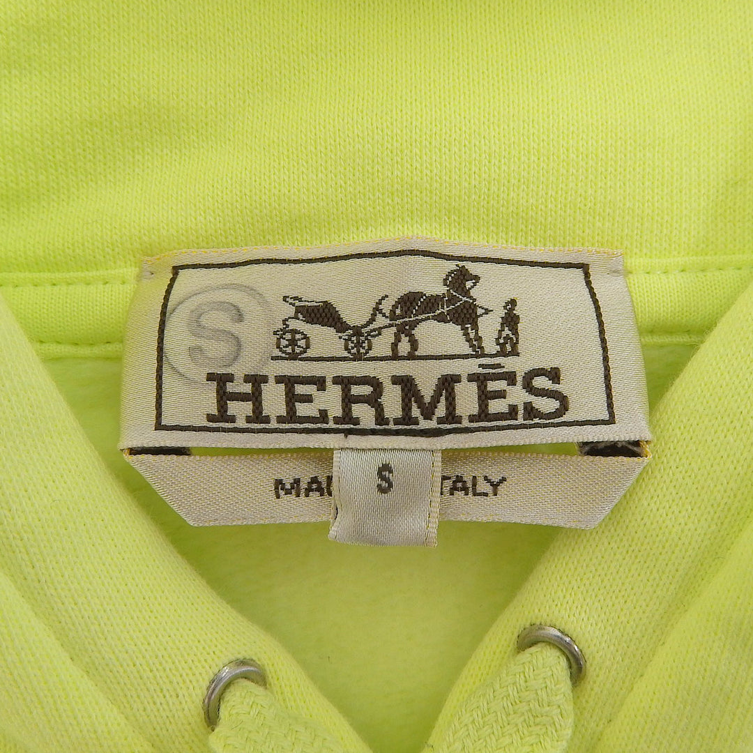 未使用品▲HERMES エルメス 2023年製 Chevaux en Symetrie コットン100％ レザー使い 裏起毛 フーデッド パーカー ライムイエロー S 伊製
