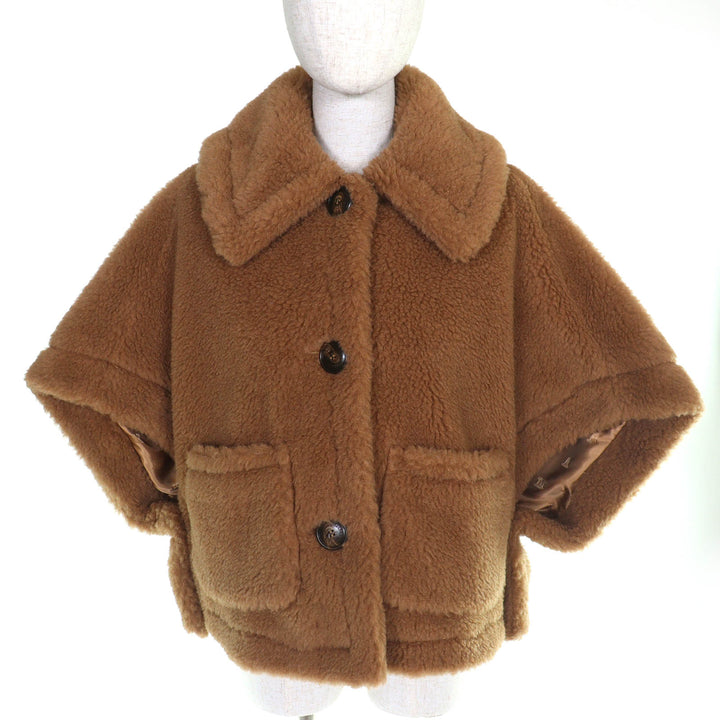 未使用品△Max Mara マックスマーラ 2025年製 2524736026 テディベア キャメル シルク 白タグ ロゴボタン ポンチョ ブラウン SM 正規品