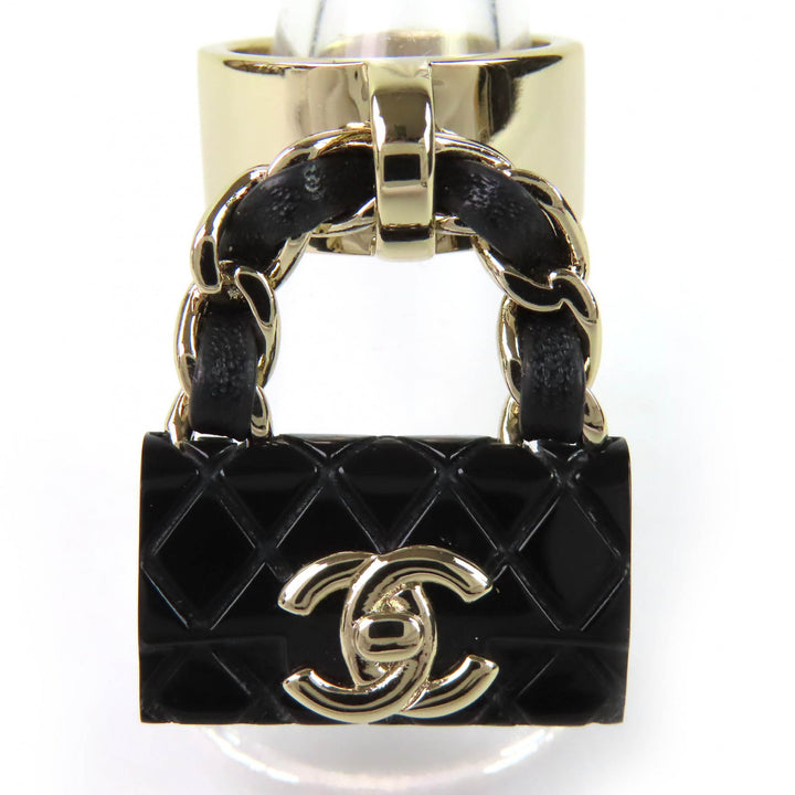 美品△CHANEL シャネル ABA014 B23C ココマーク マトラッセ バッグ チャーム リング 指輪 ゴールド ブラック JP11号 伊製 レディース