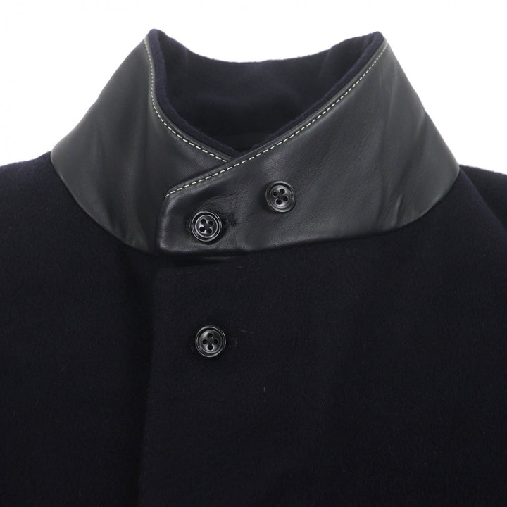 未使用品▼HERMES エルメス カシミヤ100% レザーパイピング 比翼仕立て シングルチェスターコート ネイビー 58 イタリア製 正規品 メンズ