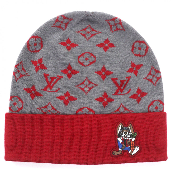 極美品▼LOUIS VUITTON ルイヴィトン M77963 LVラビット モノグラム ウール100% 帽子 ニットキャップ グレー レッド 伊製 正規品 メンズ