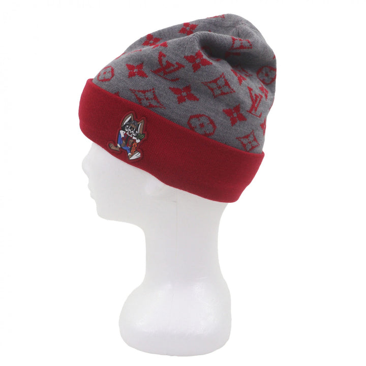極美品▼LOUIS VUITTON ルイヴィトン M77963 LVラビット モノグラム ウール100% 帽子 ニットキャップ グレー レッド 伊製 正規品 メンズ
