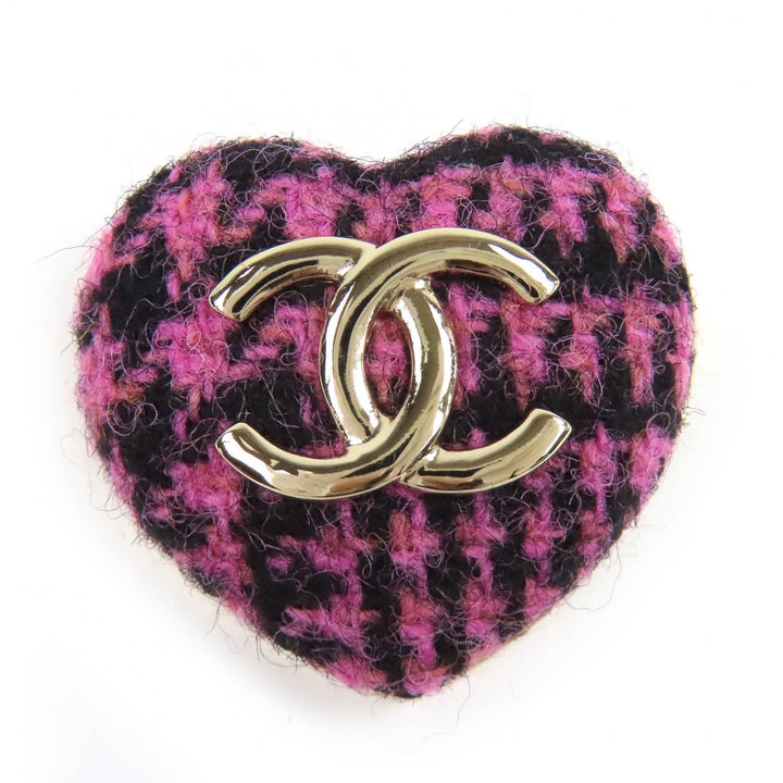 極美品△CHANEL シャネル B22K AB9496 ココマーク ハート型 ツイード ブローチ ピンク ブラック ゴールド金具 箱付き イタリア製