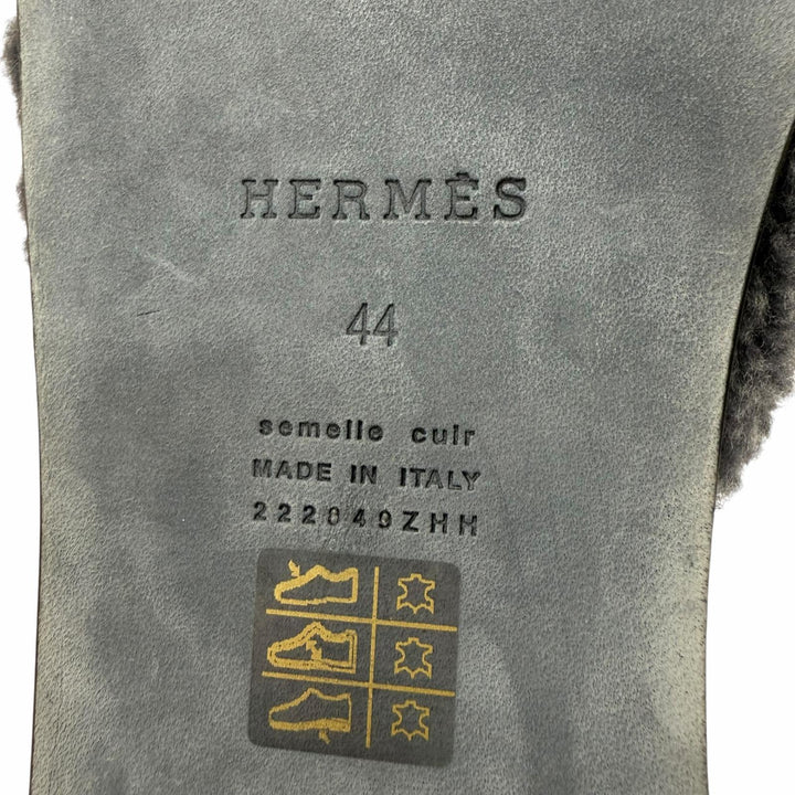 極美品▼HERMES エルメス イズミール ムートン レザー Hロゴ ボア スライドサンダル グレー 44 イタリア製 メンズ 保存袋付き