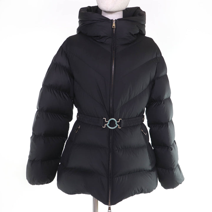 極美品☆MONCLER モンクレール 24-25AW BROSSE ロゴワッペン・フード・ベルト付 ダウンジャケット ブラック 2 正規品 レディース