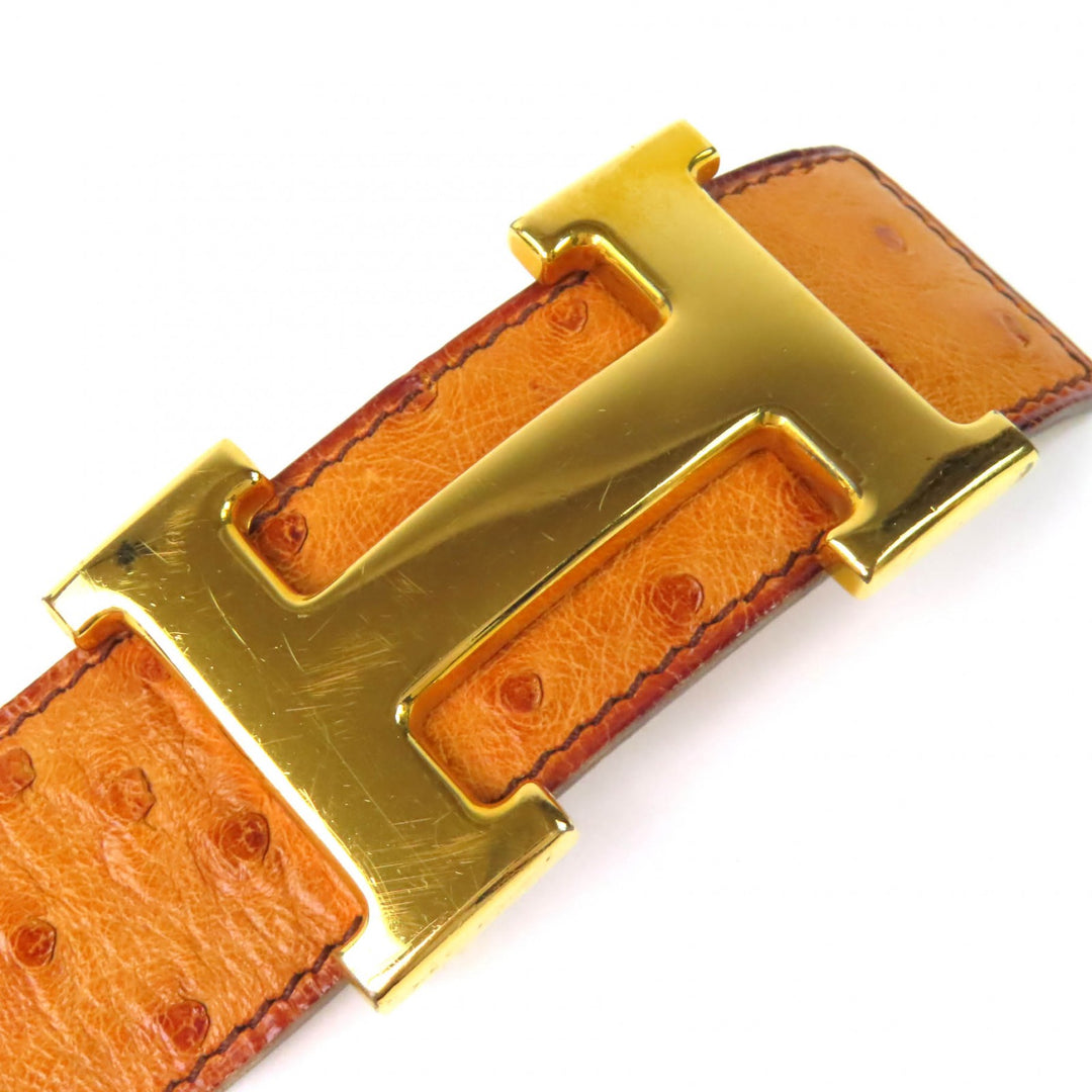良品△HERMES エルメス ヴィンテージ ゴールド金具 Hロゴバックル オーストリッチレザー ベルト ブラウン 85 ○Y刻印 レディース