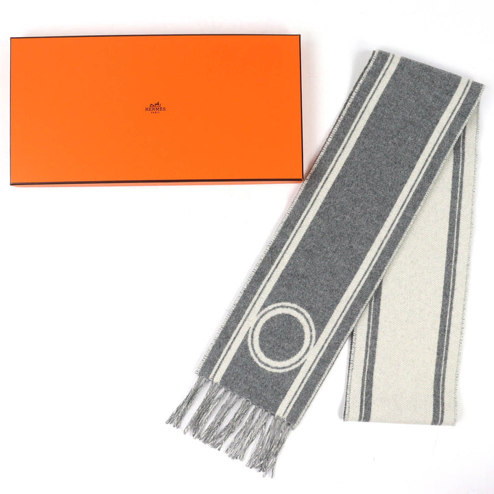 未使用品△HERMES エルメス バンド ドゥ レポ カシミヤ100％ グリ フランネル イヴォワール バイカラー フリンジ ロング マフラー 箱付き