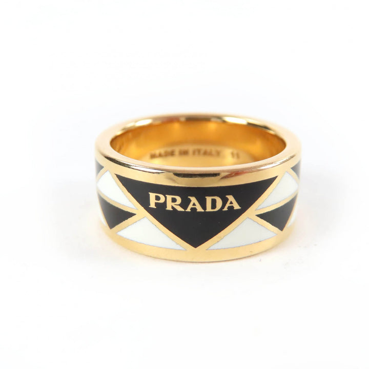 良品☆PRADA プラダ 1A009 トライアングル ロゴ リング ブラック ホワイト ゴールド JP11号 箱・保存袋付 伊製 レディース 定価90200円