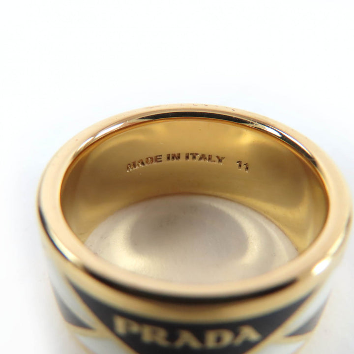 良品☆PRADA プラダ 1A009 トライアングル ロゴ リング ブラック ホワイト ゴールド JP11号 箱・保存袋付 伊製 レディース 定価90200円