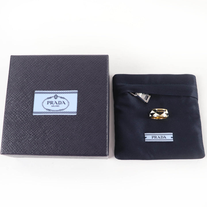 良品☆PRADA プラダ 1A009 トライアングル ロゴ リング ブラック ホワイト ゴールド JP11号 箱・保存袋付 伊製 レディース 定価90200円