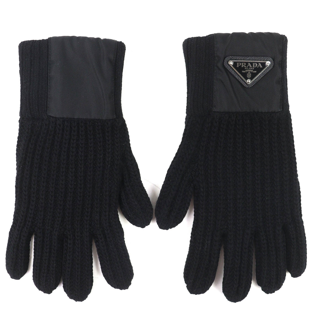 美品△PRADA プラダ 2024年製 UMK75 バージンウール カシミヤ RE-NYLON トライアングルロゴプレート リブニット グローブ 手袋 ブラック