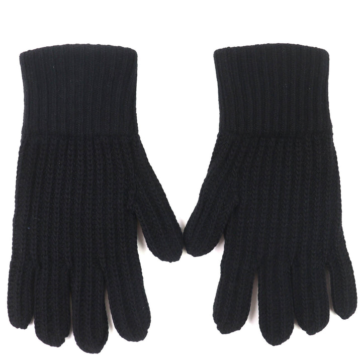 美品△PRADA プラダ 2024年製 UMK75 バージンウール カシミヤ RE-NYLON トライアングルロゴプレート リブニット グローブ 手袋 ブラック