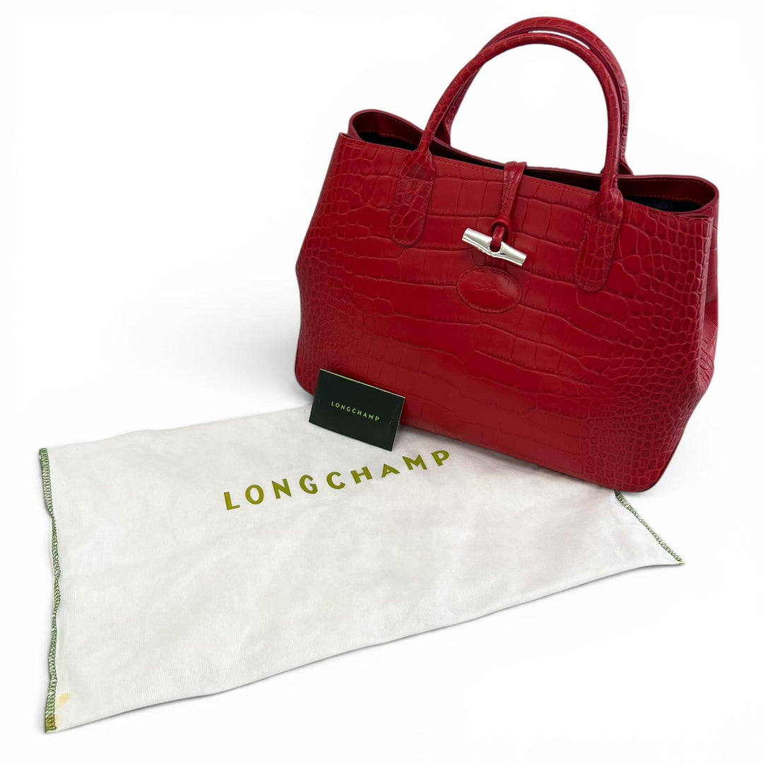 極美品▲Longchamp ロンシャン ロゾ カウハイドレザー クロコ型押し バンブー トートバッグ レッド シルバー金具 レディース 保存袋付き