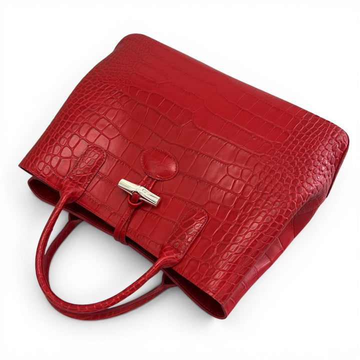 極美品▲Longchamp ロンシャン ロゾ カウハイドレザー クロコ型押し バンブー トートバッグ レッド シルバー金具 レディース 保存袋付き
