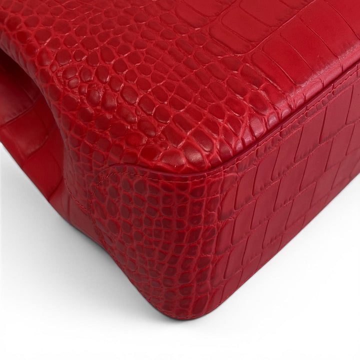 極美品▲Longchamp ロンシャン ロゾ カウハイドレザー クロコ型押し バンブー トートバッグ レッド シルバー金具 レディース 保存袋付き