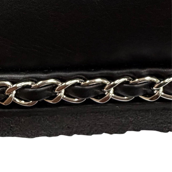 美品★CHANEL シャネル G34113 ココマーク チェーン装飾 ムートン ショートブーツ ブラック シルバー金具 35 イタリア製 レディース 箱付