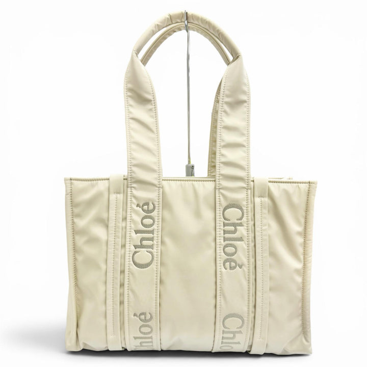 極美品△Chloe クロエ CHC23WS383L4122M WOODY ウッディ ミディアム トートバッグ ライトベージュ イタリア製 レディース 保存袋付き