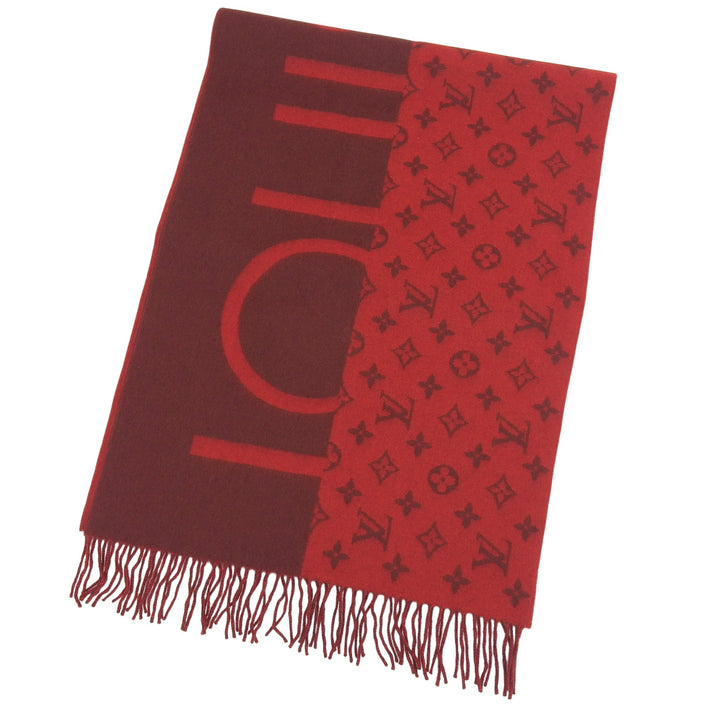 極美品▲LOUIS VUITTON ルイヴィトン M76018 エシェルプ モノグラムスプリット カシミヤ100% フリンジ マフラー レッド 正規品 箱付き