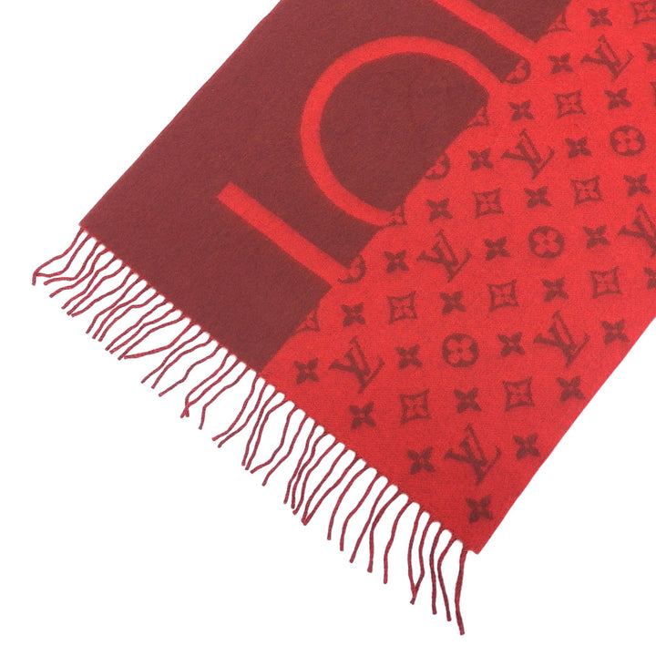 極美品▲LOUIS VUITTON ルイヴィトン M76018 エシェルプ モノグラムスプリット カシミヤ100% フリンジ マフラー レッド 正規品 箱付き