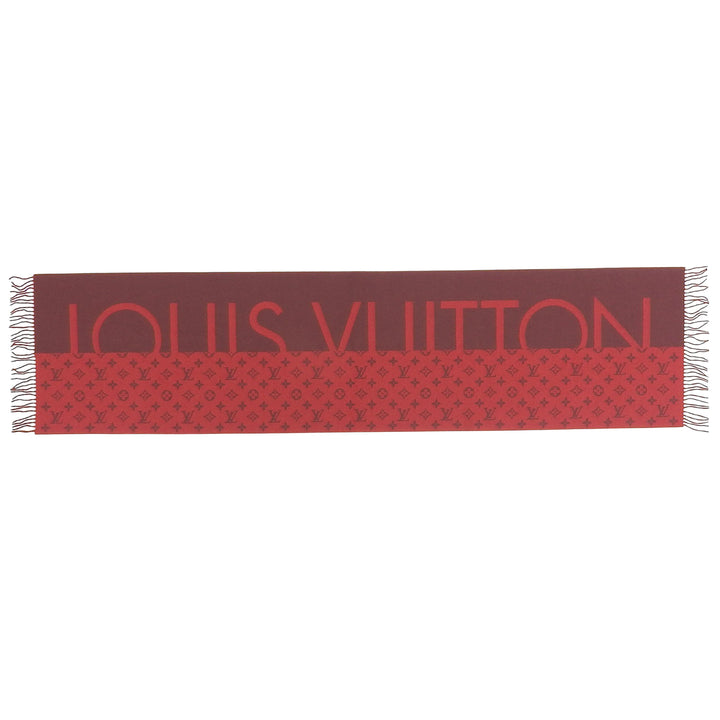 極美品▲LOUIS VUITTON ルイヴィトン M76018 エシェルプ モノグラムスプリット カシミヤ100% フリンジ マフラー レッド 正規品 箱付き