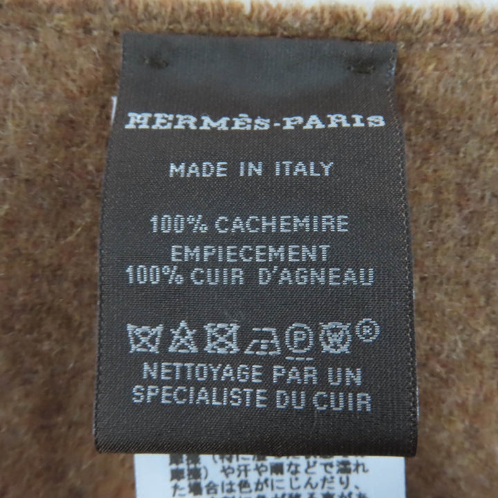未使用品☆HERMES エルメス POIS CUIR カシミヤ100％ ラムレザー使い パッチワーク マフラー ブラウン 箱付 伊製 正規品 レディース