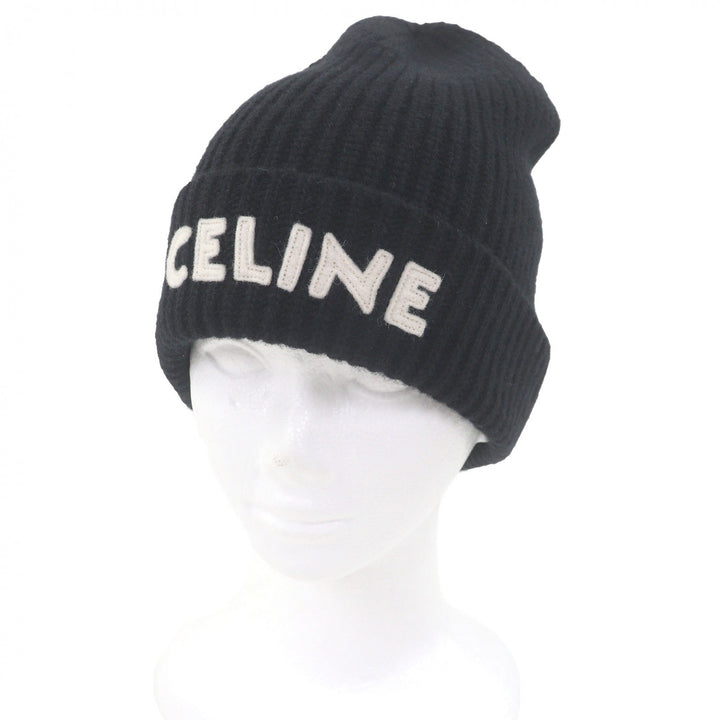 極美品□CELINE セリーヌ 2A25R535Q ウール100% ロゴワッペン ニットキャップ ビーニー ニット帽 ブラック TU イタリア製 正規品 メンズ