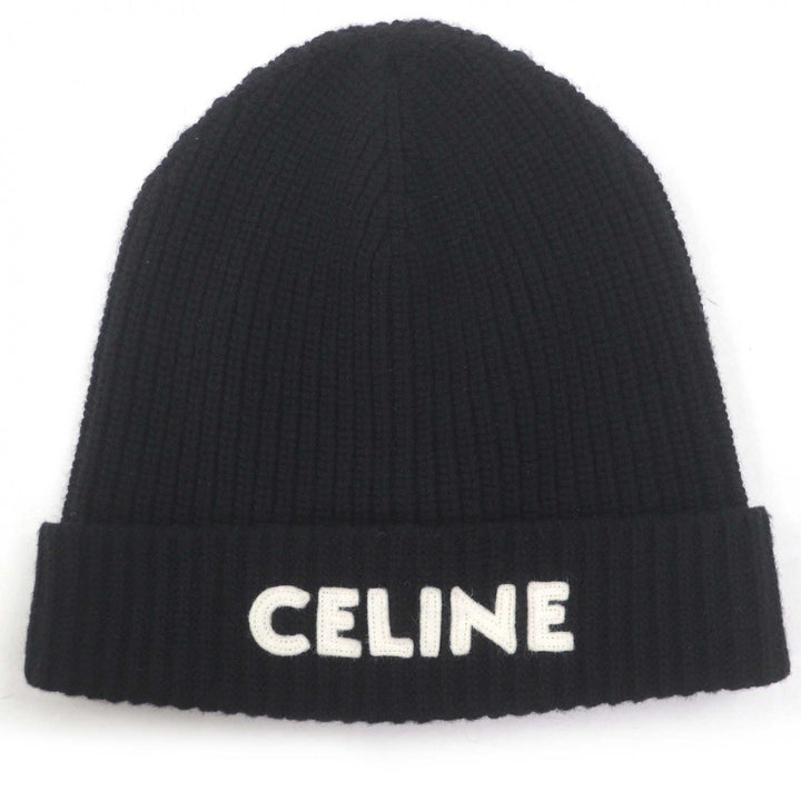 極美品□CELINE セリーヌ 2A25R535Q ウール100% ロゴワッペン ニットキャップ ビーニー ニット帽 ブラック TU イタリア製 正規品 メンズ