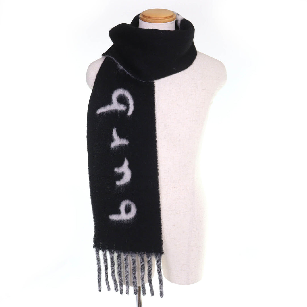 未使用品△BURBERRY バーバリー 8114081 アルパカ ウール ロゴ フリンジ ロング マフラー ブラック ホワイト 185×21cm イタリア製 正規品