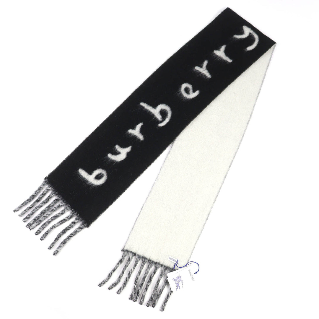 未使用品△BURBERRY バーバリー 8114081 アルパカ ウール ロゴ フリンジ ロング マフラー ブラック ホワイト 185×21cm イタリア製 正規品