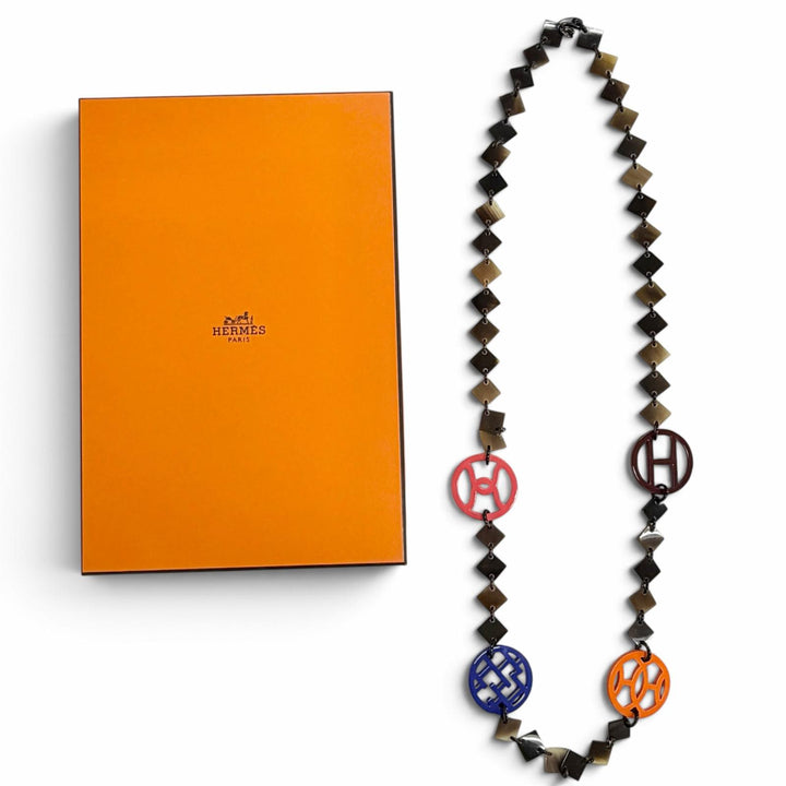 美品△HERMES エルメス ディーヴァ ネックレス バッファローホーン ラッカーウッド アクセサリー ブラウン系 マルチカラー ベトナム製