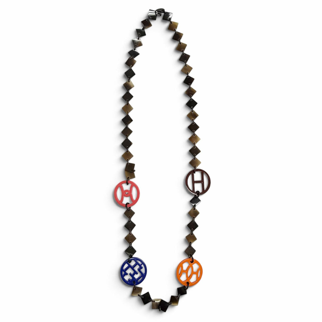 美品△HERMES エルメス ディーヴァ ネックレス バッファローホーン ラッカーウッド アクセサリー ブラウン系 マルチカラー ベトナム製