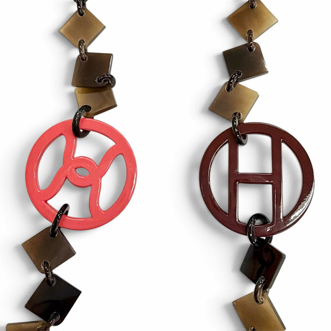 美品△HERMES エルメス ディーヴァ ネックレス バッファローホーン ラッカーウッド アクセサリー ブラウン系 マルチカラー ベトナム製