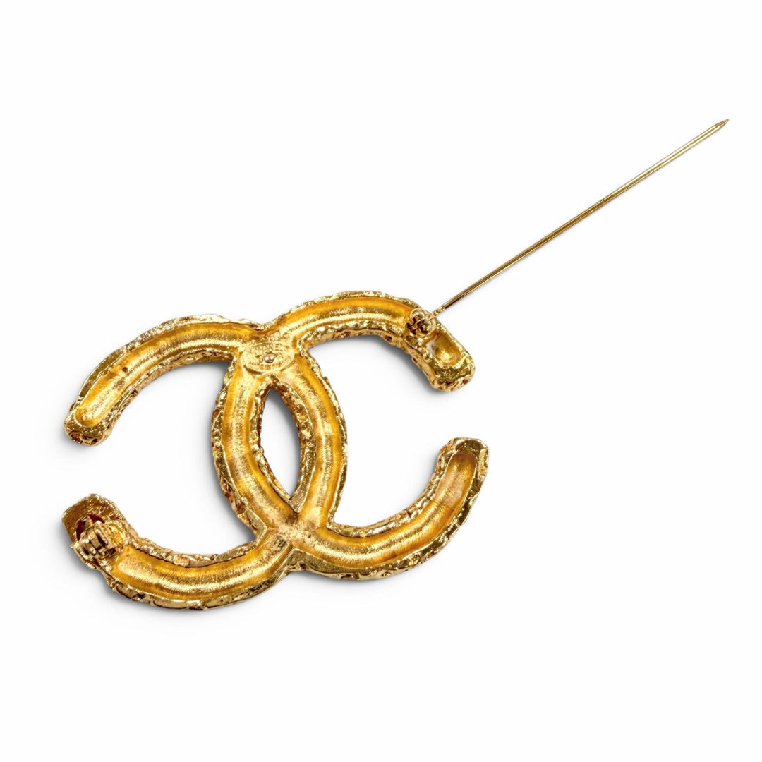 美品☆CHANEL シャネル ヴィンテージ 93A ココマーク 溶岩 ブローチ アクセサリー ゴールド フランス製 レディース 箱付き