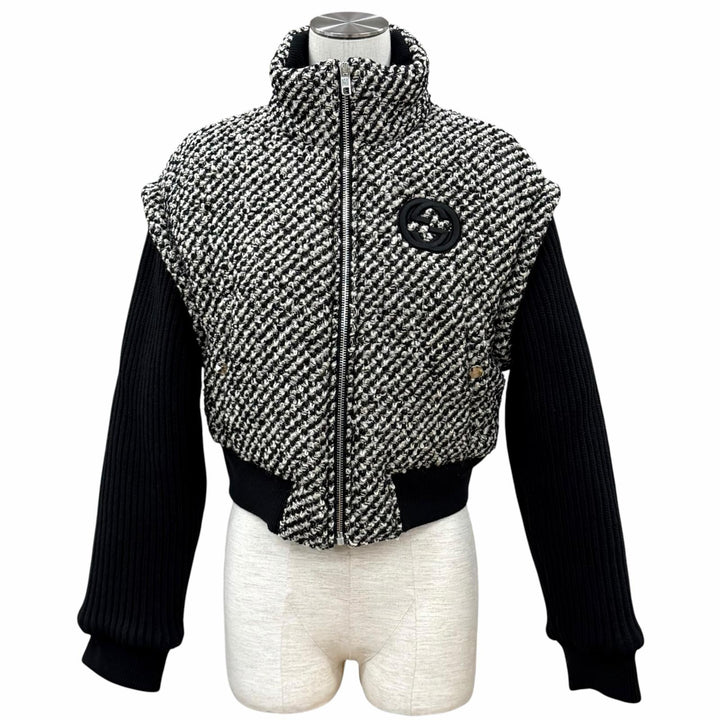 極美品★GUCCI グッチ 761703 ウール混 インターロッキングG 切替デザイン ツイード ボンバージャケット ブラック ベージュ IT 40 正規品