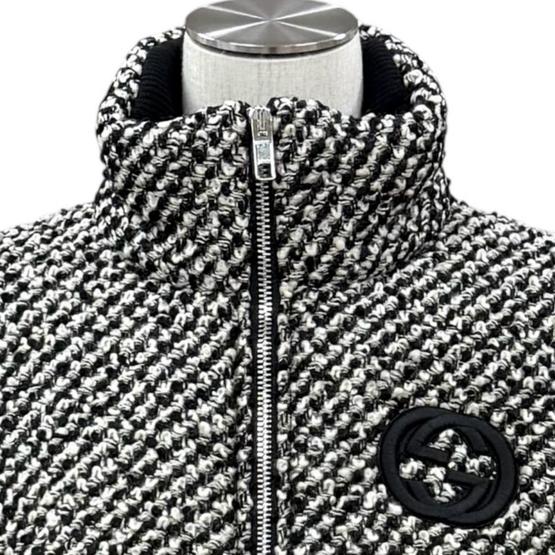 極美品★GUCCI グッチ 761703 ウール混 インターロッキングG 切替デザイン ツイード ボンバージャケット ブラック ベージュ IT 40 正規品