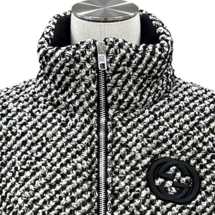 極美品★GUCCI グッチ 761703 ウール混 インターロッキングG 切替デザイン ツイード ボンバージャケット ブラック ベージュ IT 40 正規品
