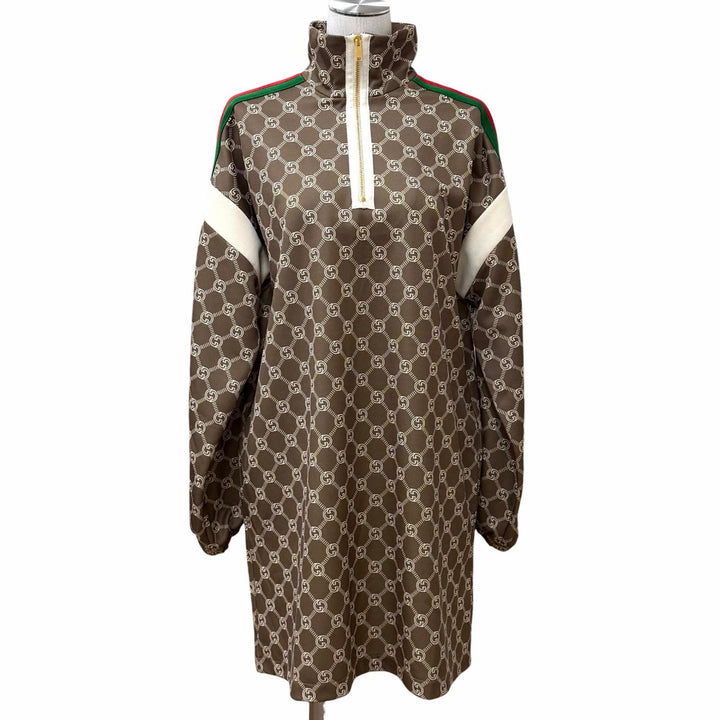 未使用品★GUCCI グッチ 2022年製 678689 インターロッキングG 総柄 ウェブライン ワンピース ブラウン S イタリア製 正規品 レディース