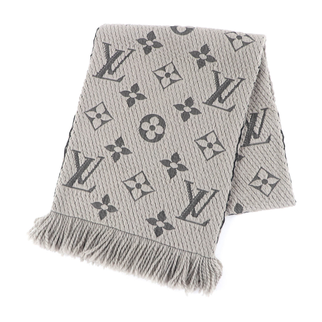 美品★LOUIS VUITTON ルイヴィトン エシャルプ ロゴマニア ウール シルク混 フリンジ付 マフラー グレージュ 箱付き イタリア製 正規品