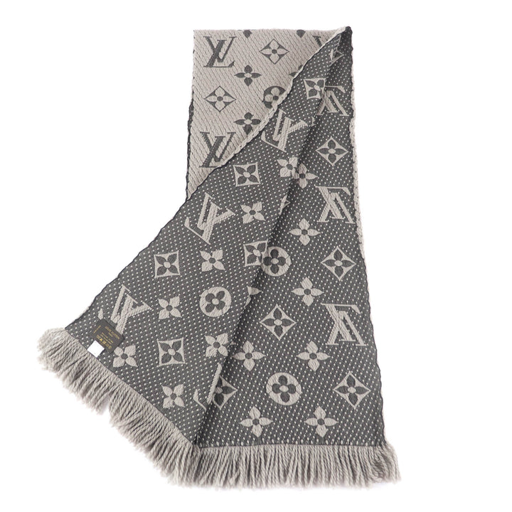 美品★LOUIS VUITTON ルイヴィトン エシャルプ ロゴマニア ウール シルク混 フリンジ付 マフラー グレージュ 箱付き イタリア製 正規品