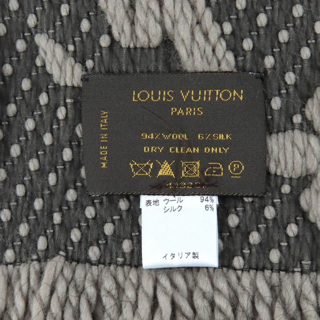 美品★LOUIS VUITTON ルイヴィトン エシャルプ ロゴマニア ウール シルク混 フリンジ付 マフラー グレージュ 箱付き イタリア製 正規品