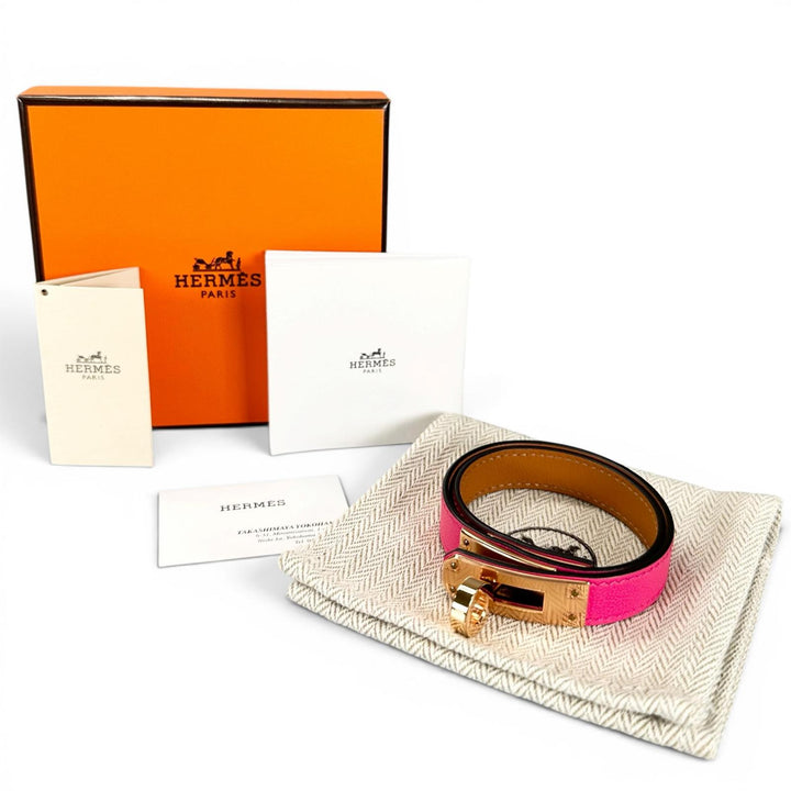 未使用品▲HERMES エルメス ケリー ドゥブルトゥール シェーブル ゴールド金具 ブレスレット ピンク T2 B刻印 フランス製 レディース