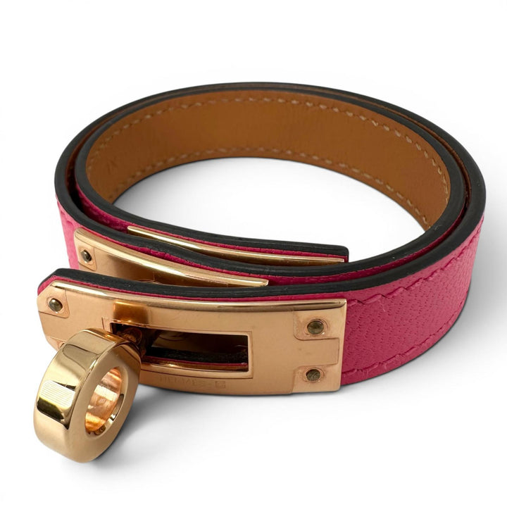 未使用品▲HERMES エルメス ケリー ドゥブルトゥール シェーブル ゴールド金具 ブレスレット ピンク T2 B刻印 フランス製 レディース