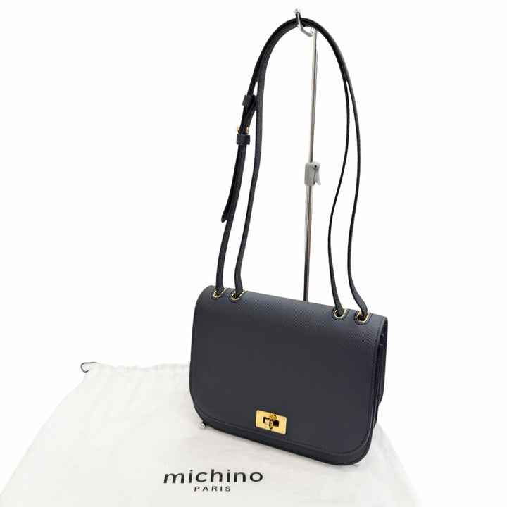 極美品△michino PARIS ミチノ パリ B139 エリゼ カーフレザー フラップバッグ ショルダーバッグ ネイビー 伊製 保存袋付き 定価229000円