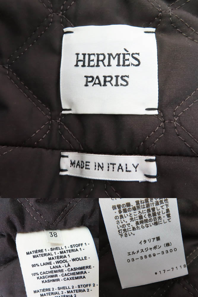 極美品☆HERMES エルメス カシミヤ混 ランウェイ着用 メドールボタン ベルト付 パネル中綿入りコート ブラウン 38 正規品 定価1221000円